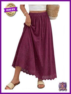 Women Maxi Skirt Cotton A-Line Flowy High Waist Eyelet Boho Spring